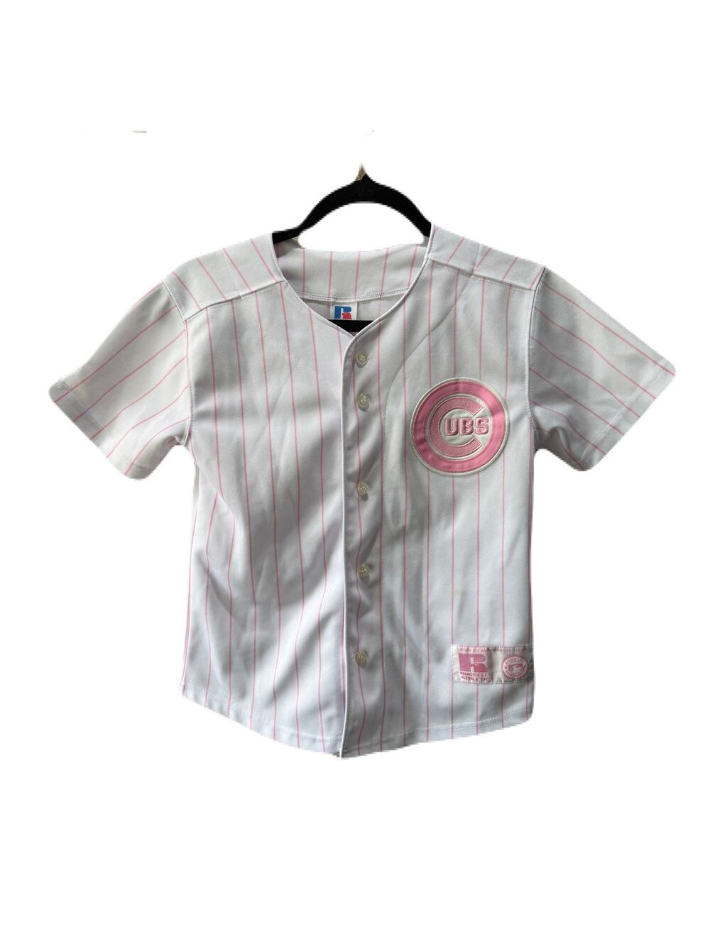 Y2K Chicago Cubs Russell Athletic Pink Pinstriped Jersey Girls Youth Size 8/10